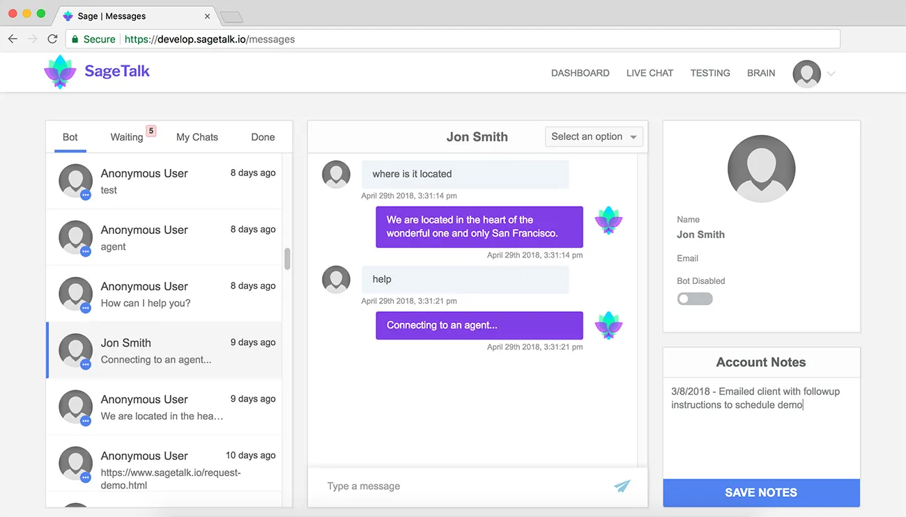 screenshot of working of live chat